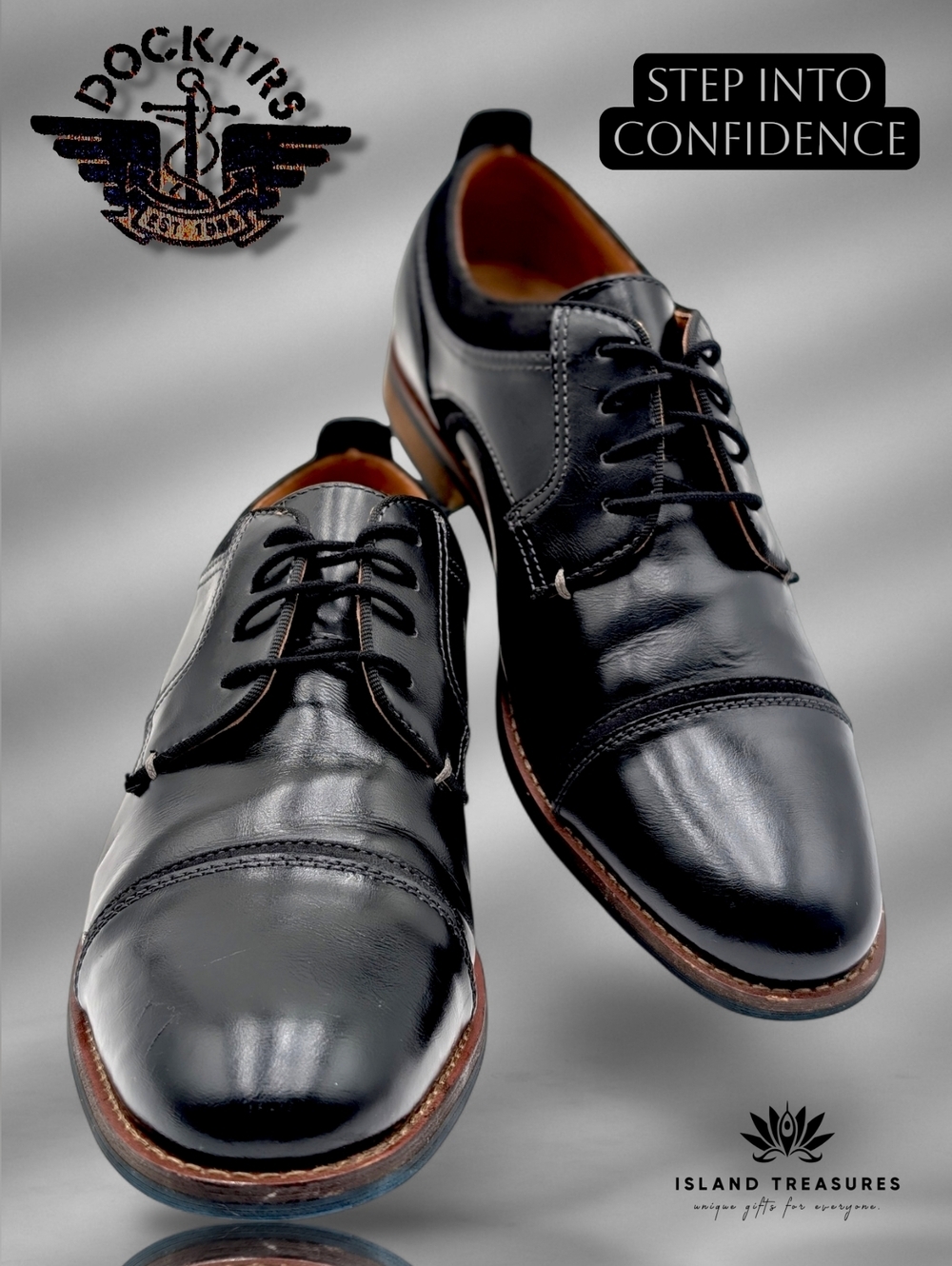 Dockers Men Sz 9.5 Black High-Quality Cap-Toe Oxfords Brown Trim Cushion Footbed